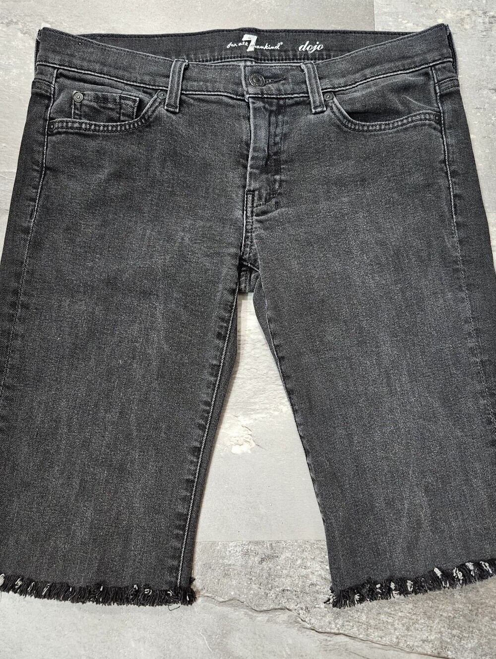 7 For All Mankind Dewashed Black/Grey Frayed-Hem Low Rise Jeans Short. 30 US.
